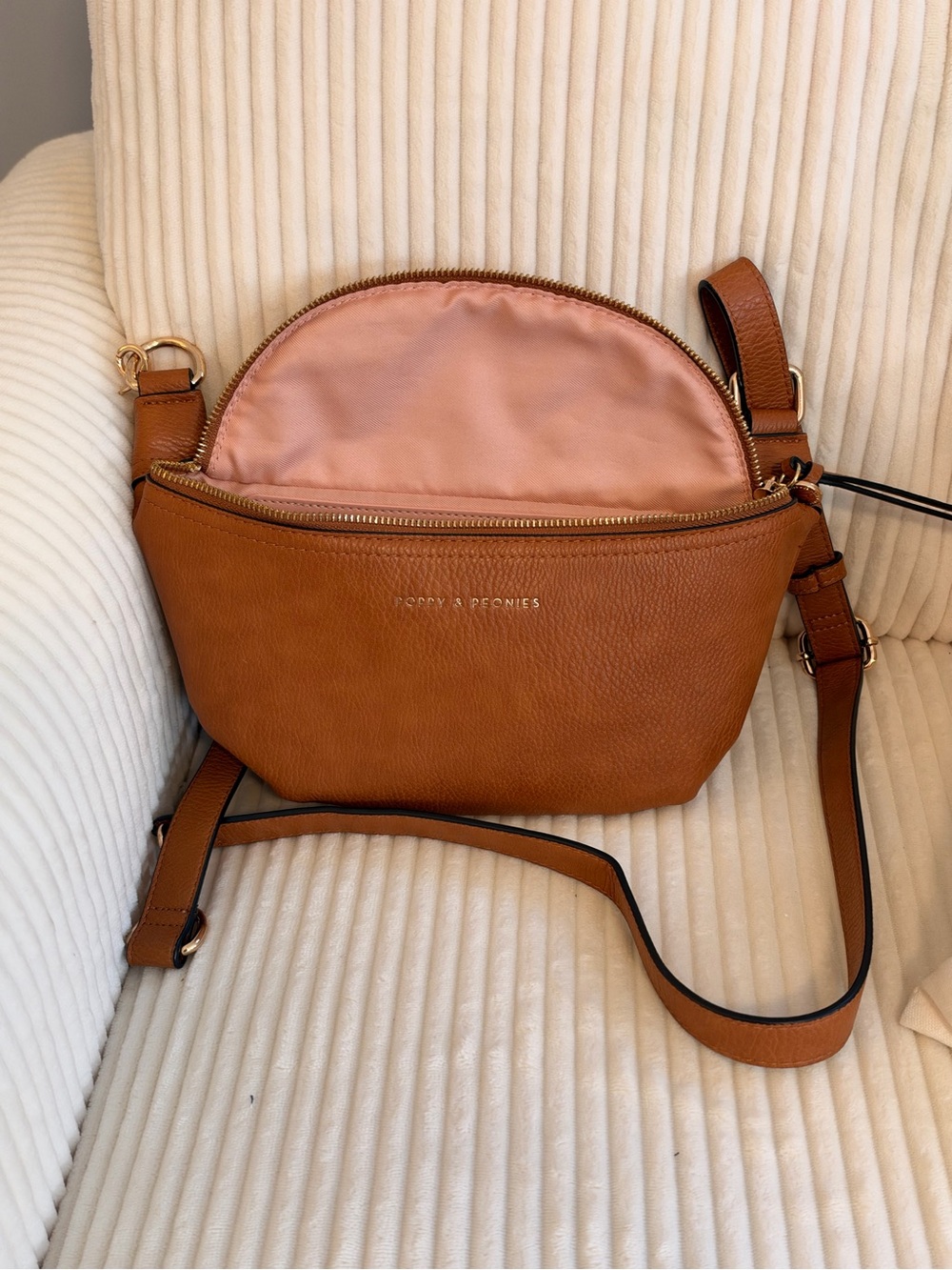 Poppy & Peonies Sidekick Tan Crossbody Bag with Pink Lining